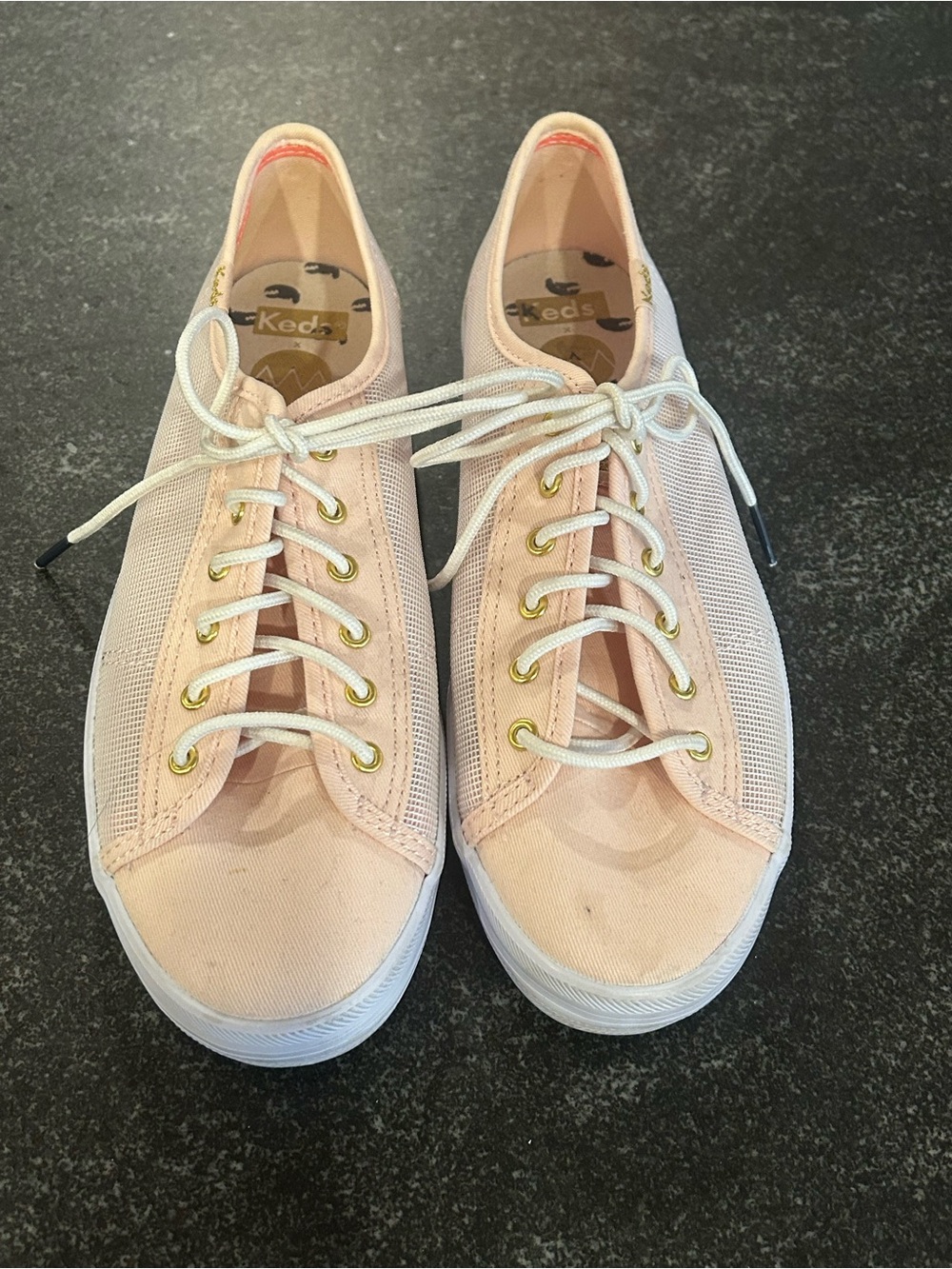 Keds Women’s Low-Top Lace-Up Sneakers in Pale Pink with Gold Eyelets